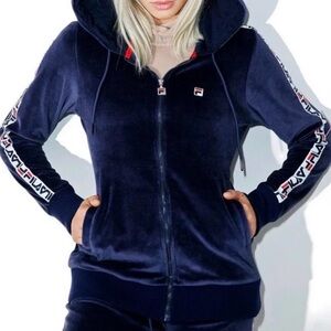 Fila Dark Blue Velour Zip-Up Hoodie Tracksuit Set Large.
